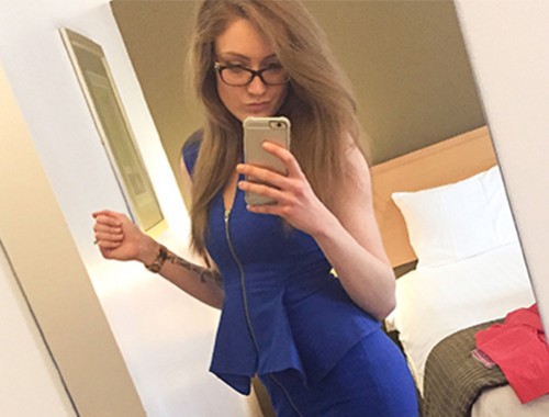 Selfie with my shampoo-free hair, wearing a blue Ted Baker dress